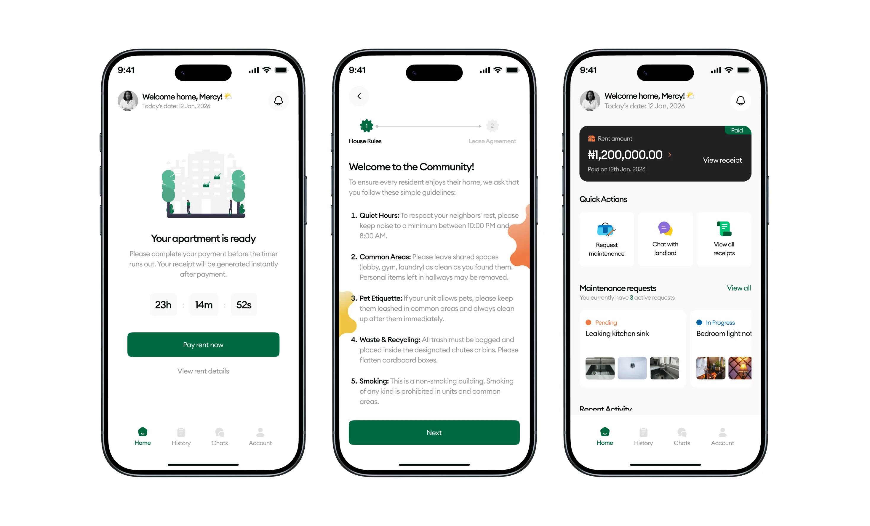 Homi — onboarding, dashboard, and messaging screens