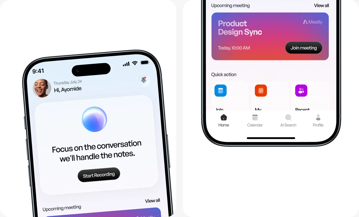 Meetly — focus reminder and upcoming meeting screens