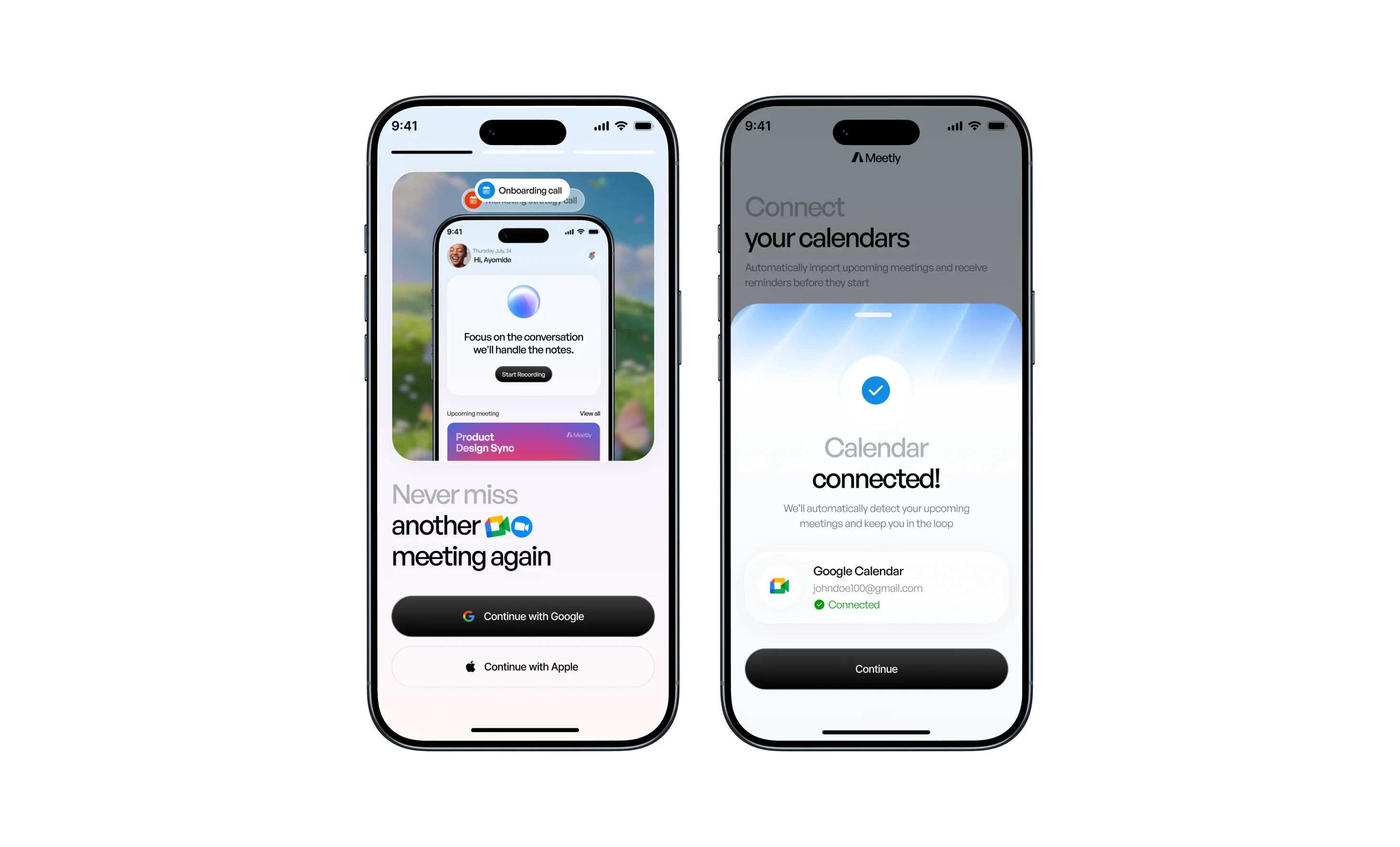Meetly — sign-in and calendar connection screens