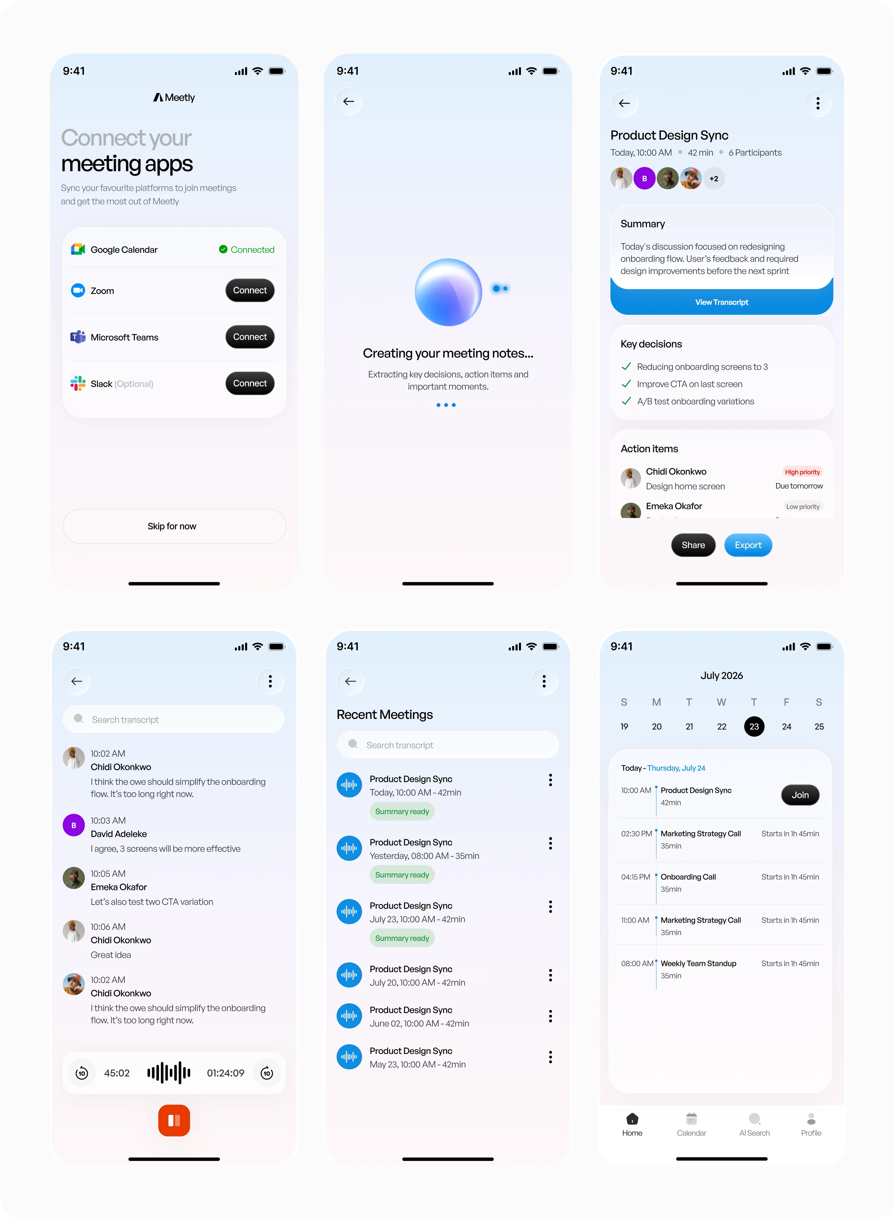 Meetly — recent meetings and calendar screens