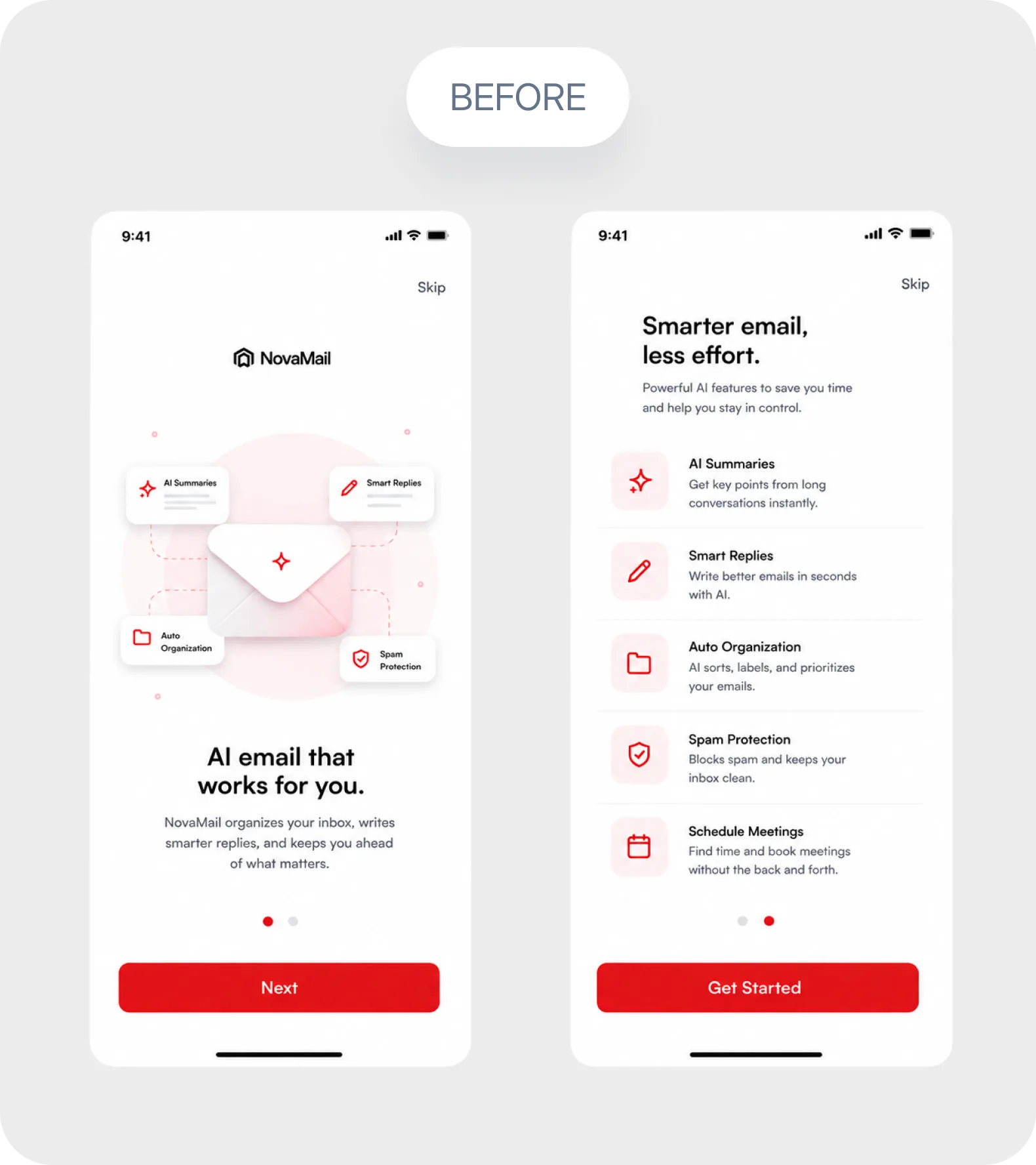 NovaMail onboarding — before redesign
