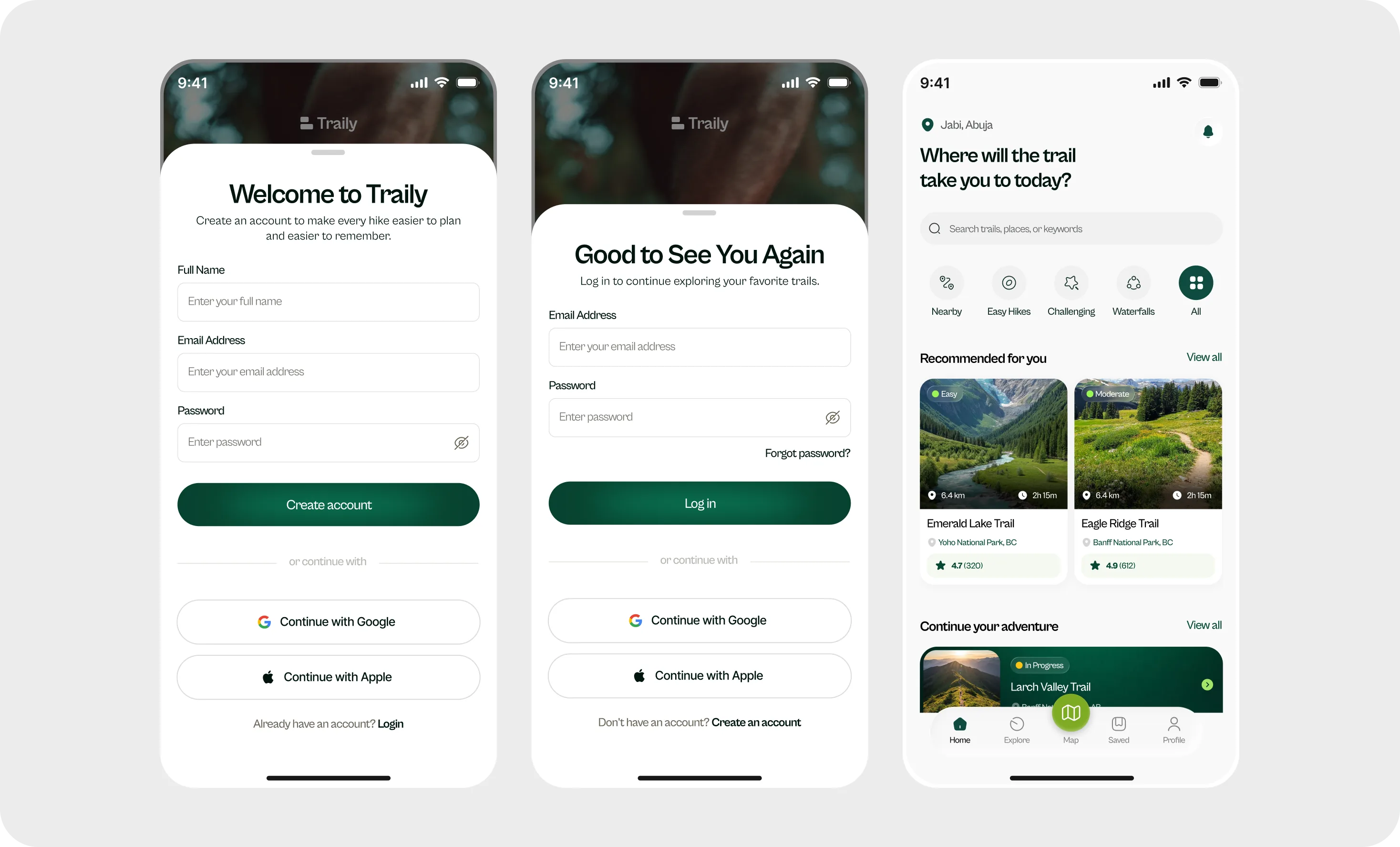 Traily — sign up, log in and home screens